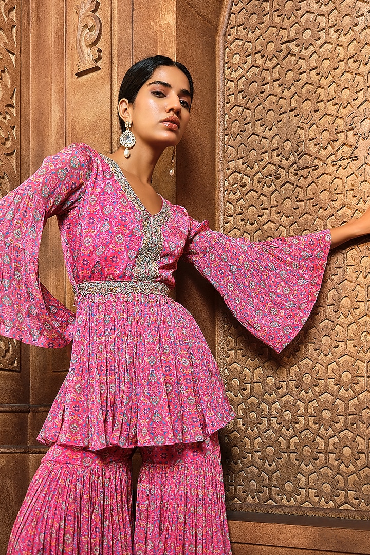 Pink Chiffon Printed Wedding Sharara Set by Aneesh Agarwaal PRET at Pernia's Pop Up Shop