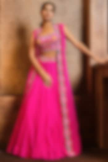 Fuchsia Pink Soft Organza Embroidered Cape Set by Aneesh Agarwaal PRET