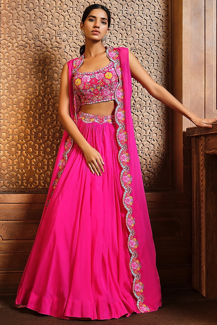 Fuchsia Pink Soft Organza Embroidered Cape Set by Aneesh Agarwaal PRET
