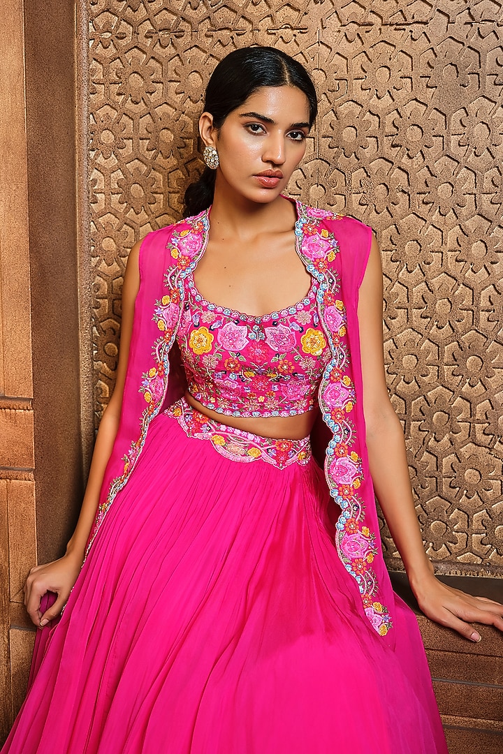 Fuchsia Pink Soft Organza Embroidered Cape Set by Aneesh Agarwaal PRET at Pernia's Pop Up Shop