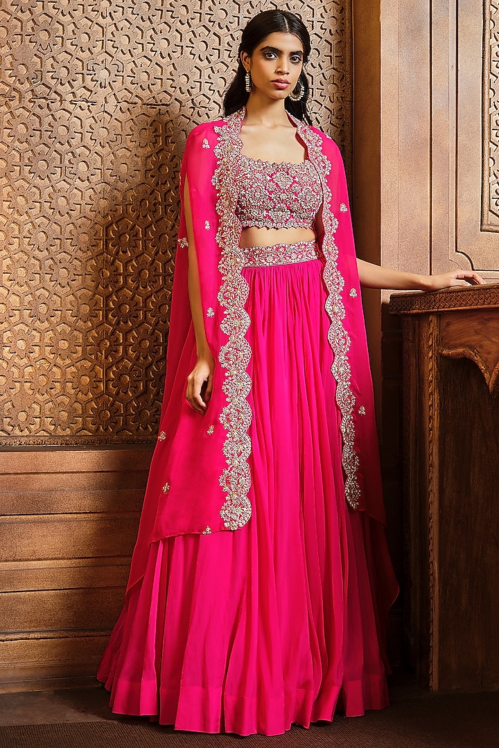 Rani Pink Soft Organza Skirt Set by Aneesh Agarwaal PRET