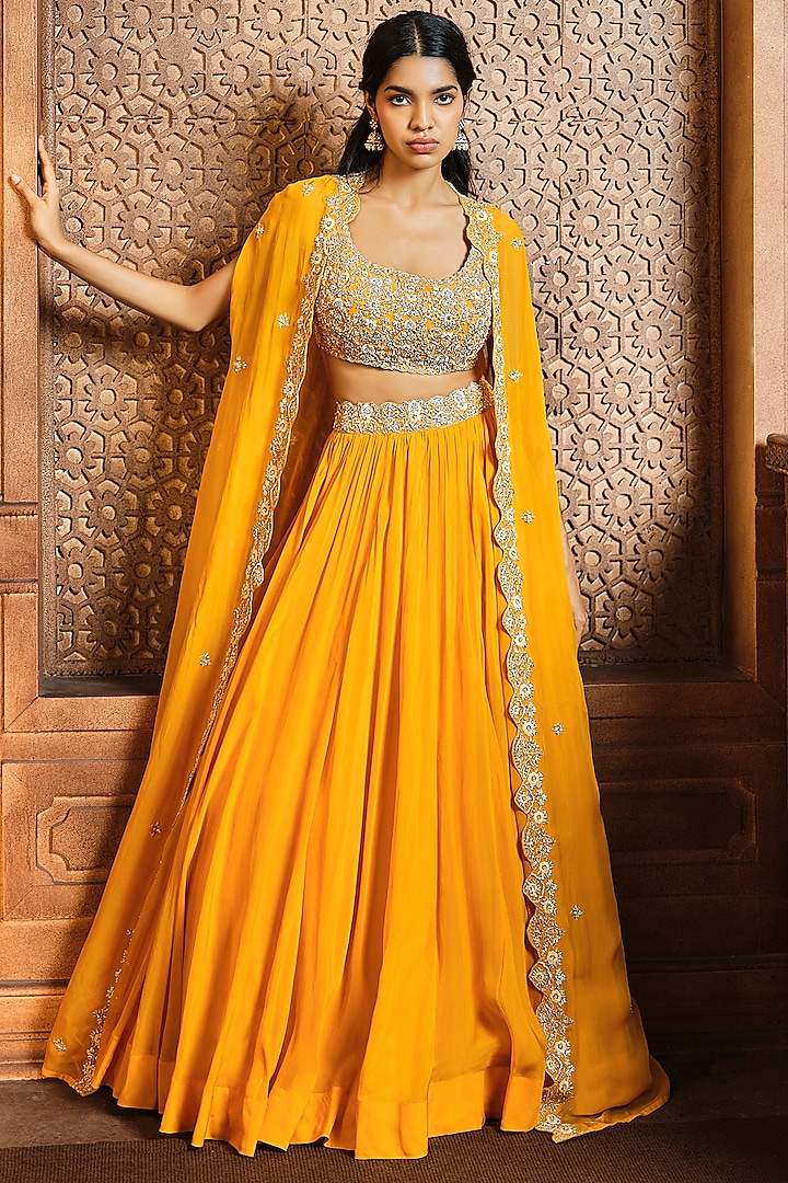 Mango Yellow Organza Embroidered Cape Set by Aneesh Agarwaal PRET