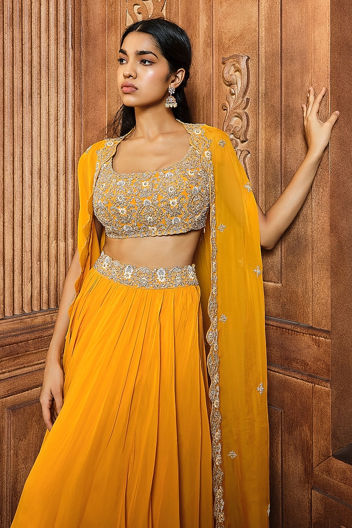 Mango Yellow Organza Embroidered Cape Set by Aneesh Agarwaal PRET at Pernia's Pop Up Shop