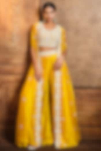 Yellow Silk Organza Embroidered Cape Set by Aneesh Agarwaal PRET
