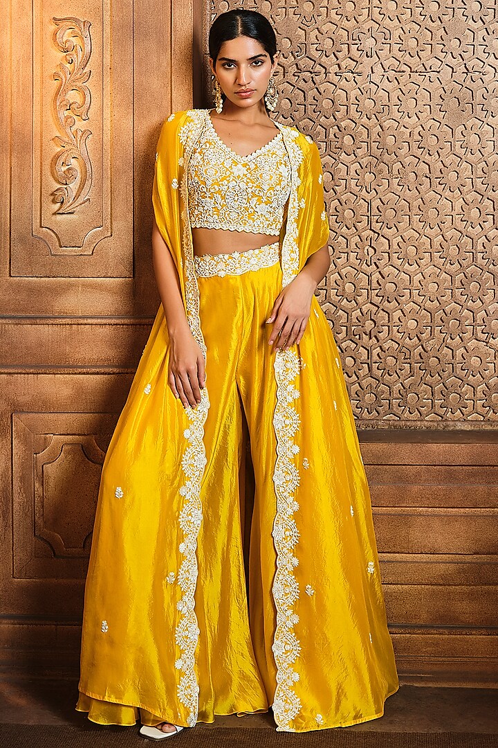 Yellow Silk Organza Embroidered Cape Set by Aneesh Agarwaal PRET