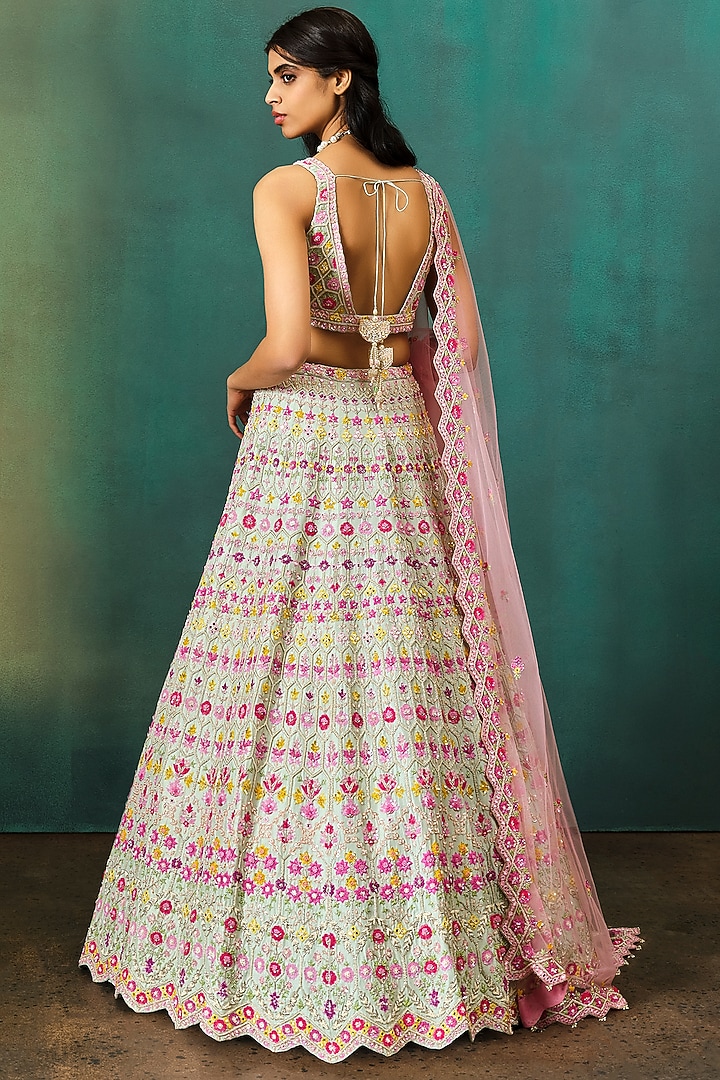 Aqua Dupion Silk Embroidered Bridal Lehenga Set by Aneesh Agarwaal at Pernia's Pop Up Shop