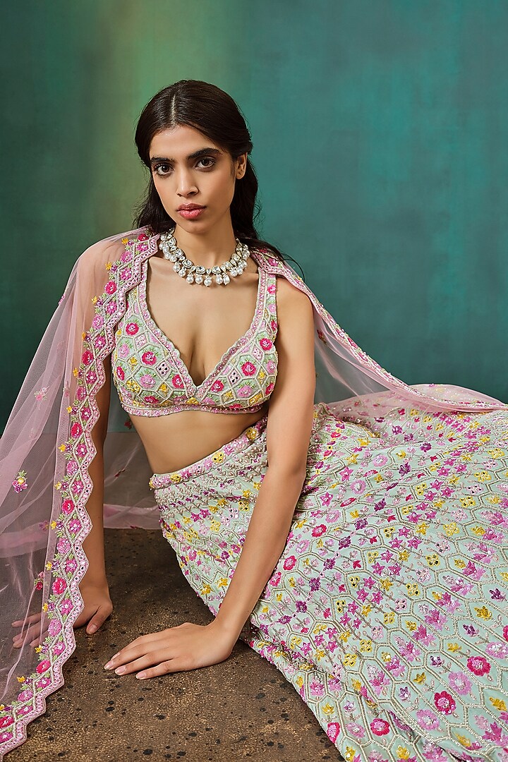 Aqua Dupion Silk Embroidered Bridal Lehenga Set by Aneesh Agarwaal at Pernia's Pop Up Shop