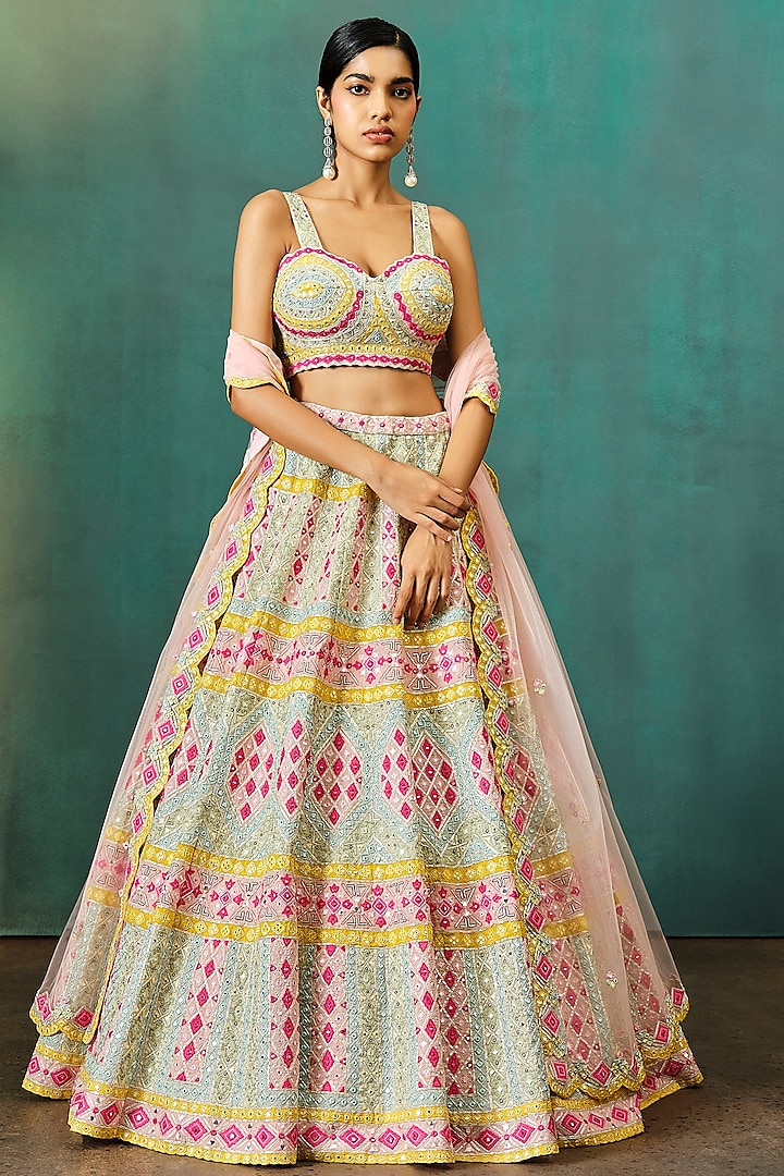 Ivory Organza Embroidered Lehenga Set by Aneesh Agarwaal