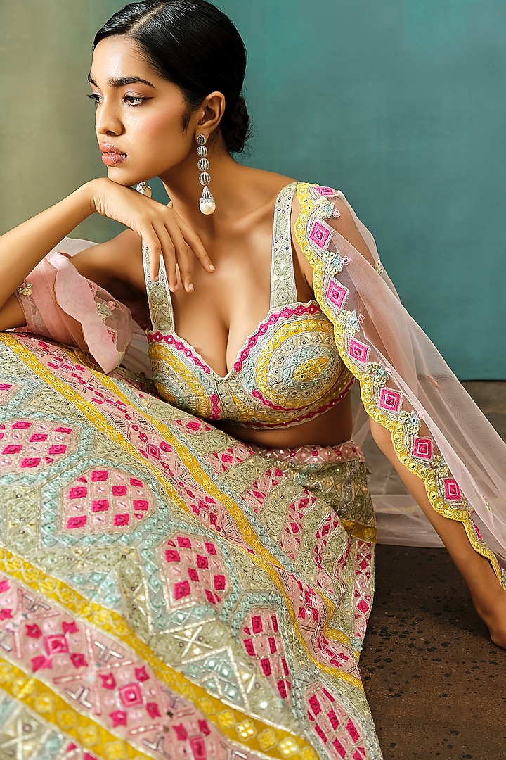 Ivory Organza Embroidered Bridal Lehenga Set by Aneesh Agarwaal at Pernia's Pop Up Shop