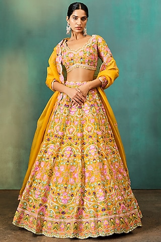 Yellow Organza Embroidered Lehenga Set by Aneesh Agarwaal
