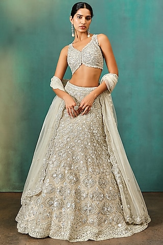 Ivory Net Embroidered Lehenga Set by Aneesh Agarwaal