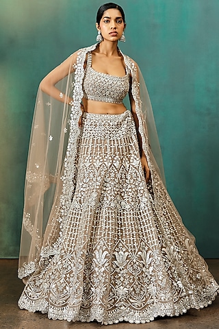 Taupe Net Embroidered Lehenga Set by Aneesh Agarwaal