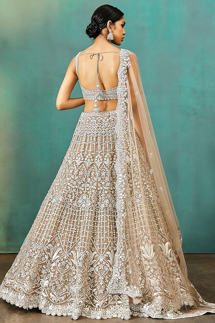Taupe Net Embroidered Bridal Lehenga Set by Aneesh Agarwaal at Pernia's Pop Up Shop