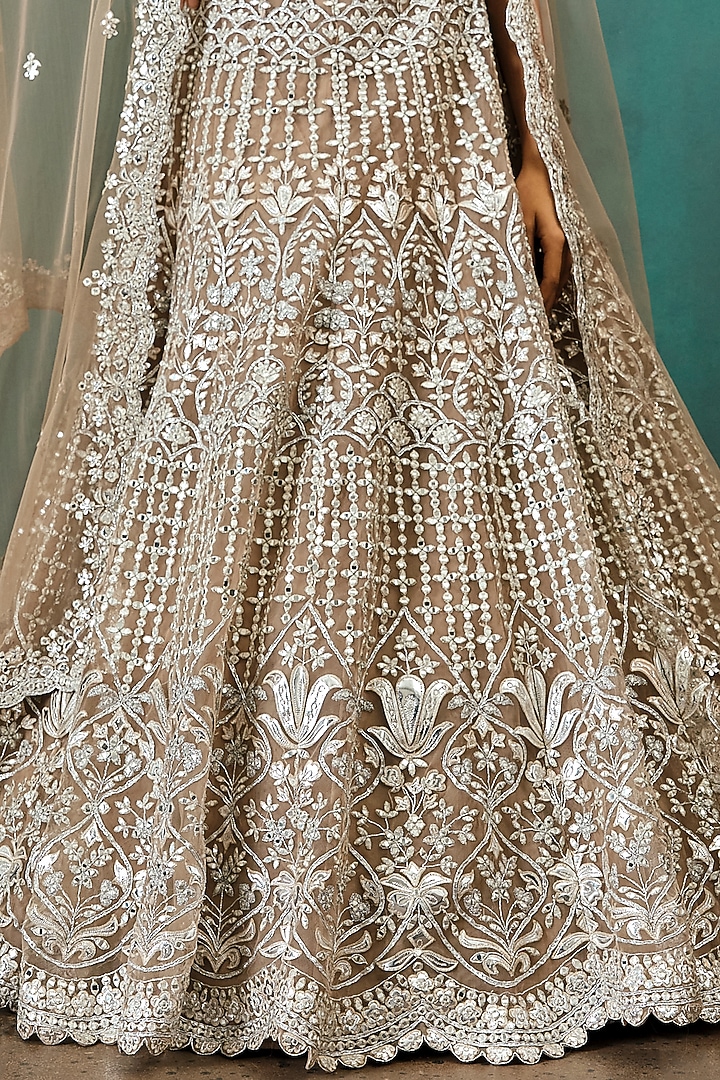 Taupe Net Embroidered Bridal Lehenga Set by Aneesh Agarwaal at Pernia's Pop Up Shop