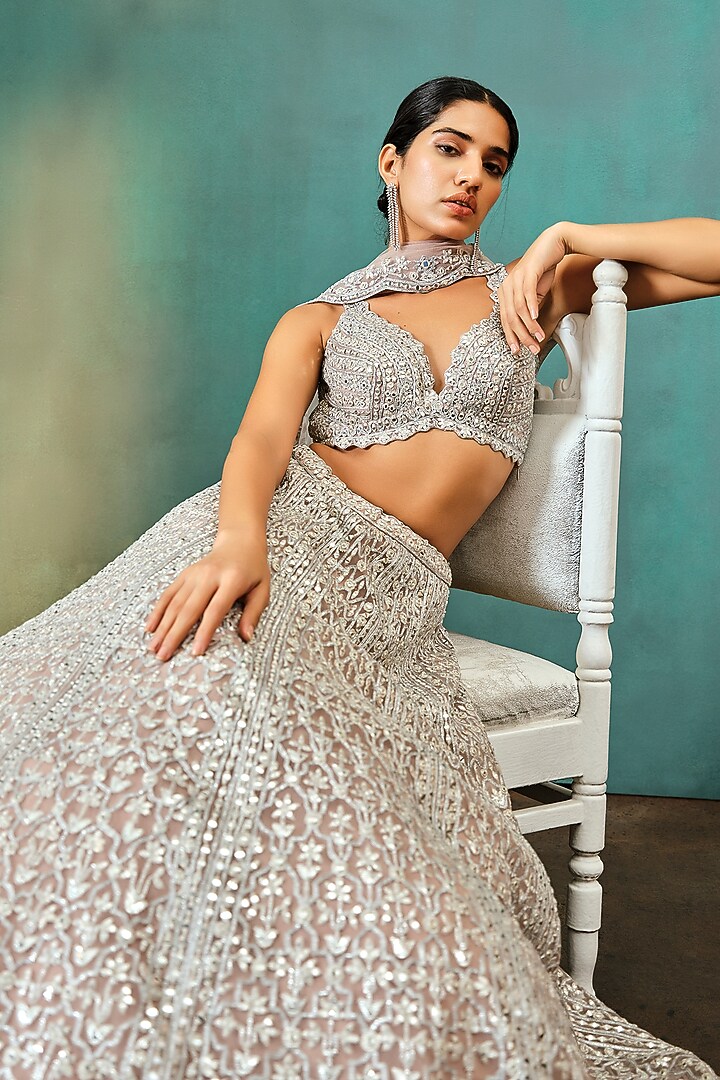 Taupe Net Zari Embroidered Bridal Lehenga Set by Aneesh Agarwaal at Pernia's Pop Up Shop