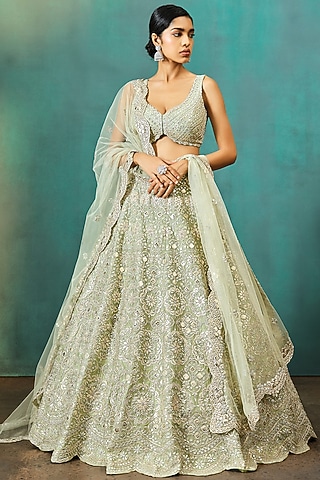 Sage Green Net Embroidered Lehenga Set by Aneesh Agarwaal