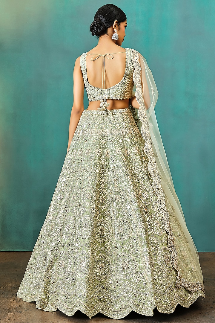 Sage Green Net Embroidered Bridal Lehenga Set by Aneesh Agarwaal at Pernia's Pop Up Shop
