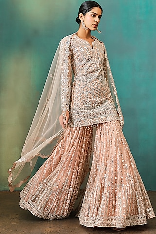 Nude Net Embroidered Sharara Set by Aneesh Agarwaal