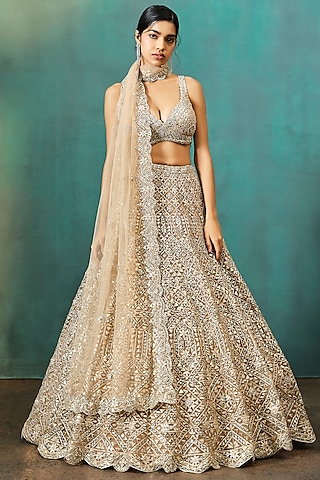 Gold Net Embroidered Lehenga Set by Aneesh Agarwaal