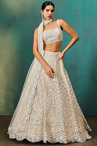Blush Pink Net Embroidered Lehenga Set by Aneesh Agarwaal