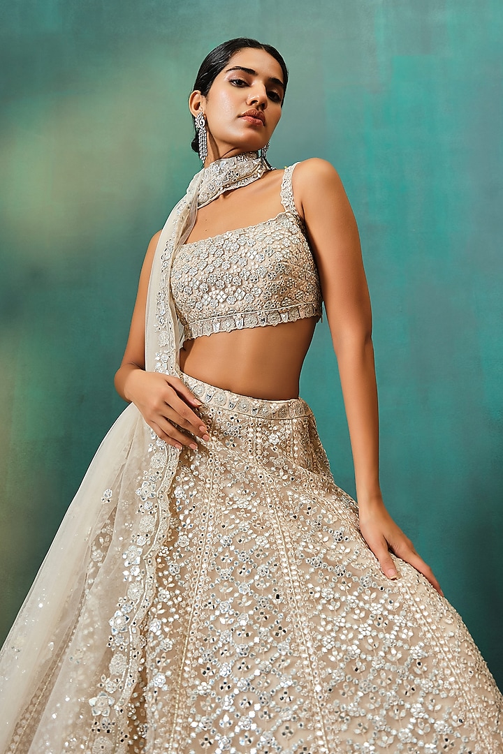 Blush Pink Net Embroidered Bridal Lehenga Set by Aneesh Agarwaal at Pernia's Pop Up Shop