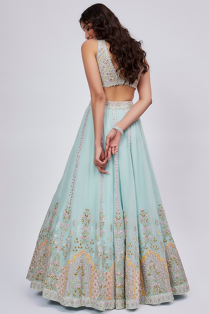 Aqua Dupion Silk Embroidered Bridal Lehenga Set by Aneesh Agarwaal at Pernia's Pop Up Shop