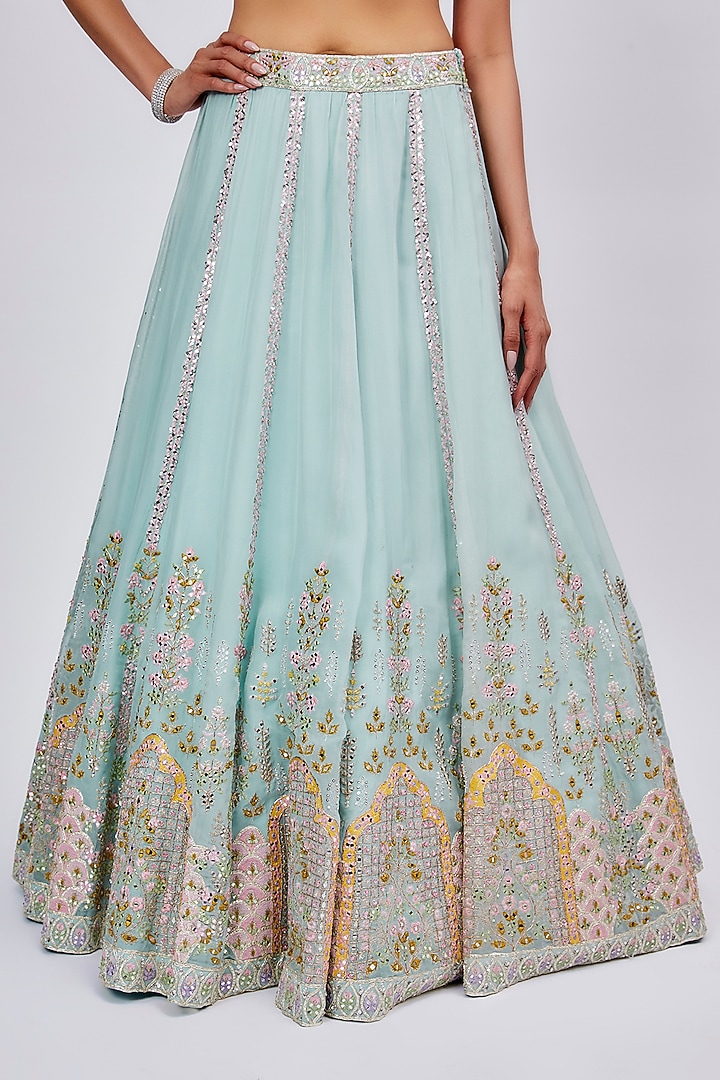 Aqua Dupion Silk Embroidered Bridal Lehenga Set by Aneesh Agarwaal at Pernia's Pop Up Shop