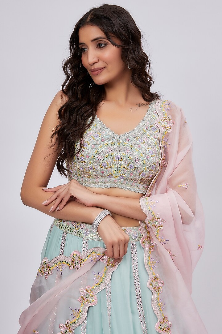 Aqua Dupion Silk Embroidered Bridal Lehenga Set by Aneesh Agarwaal at Pernia's Pop Up Shop