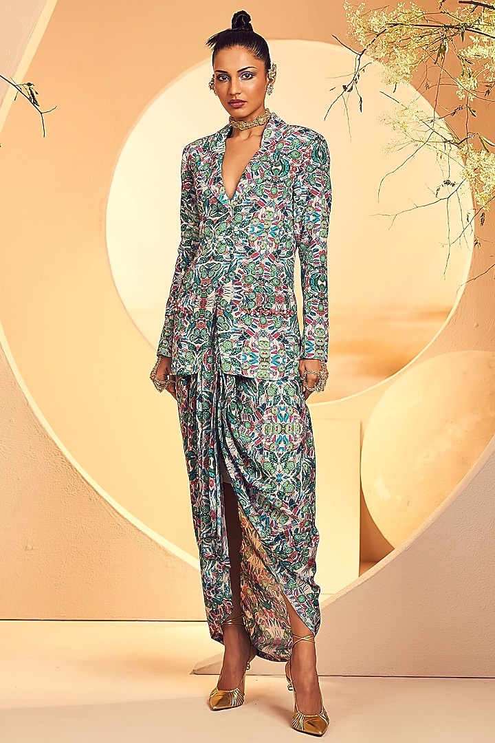 Grey Crepe African Folk Printed Draped Dhoti Set by Aneesh Agarwaal PRET at Pernia's Pop Up Shop