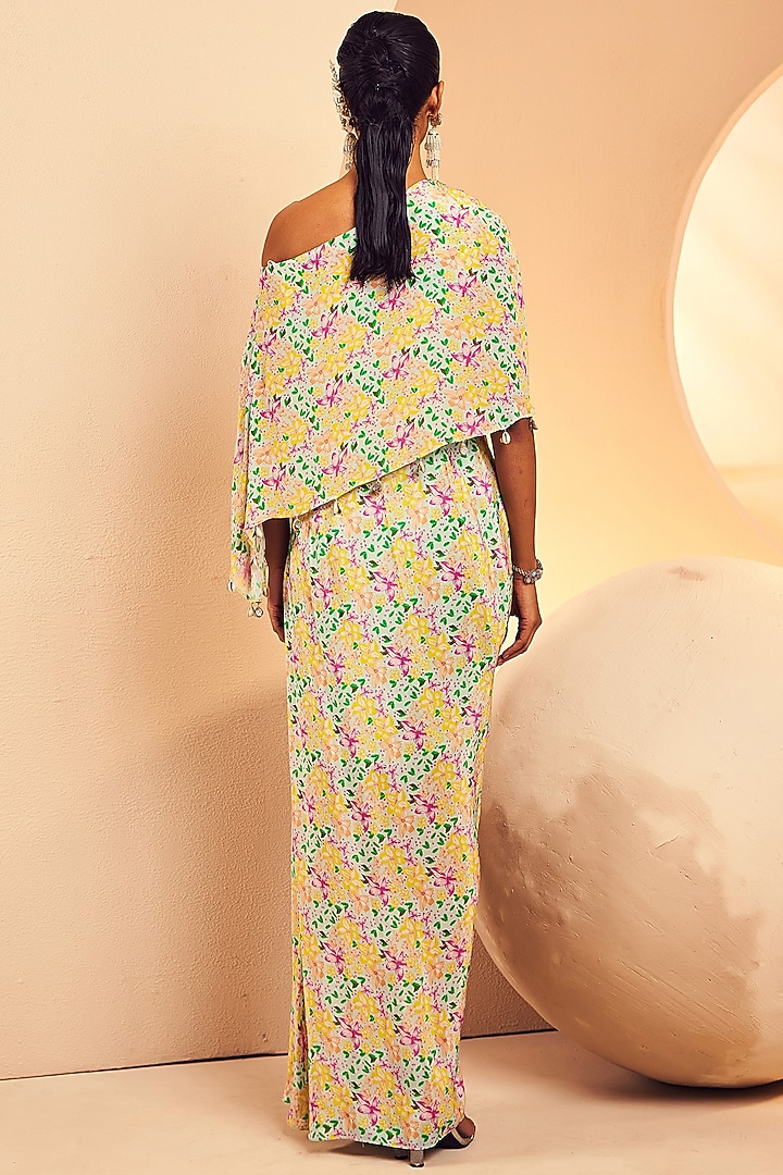 Aqua Blue Crepe Floral Printed & Hand Embroidered One-Shoulder Capelet Cocktail Dress by Aneesh Agarwaal PRET at Pernia's Pop Up Shop