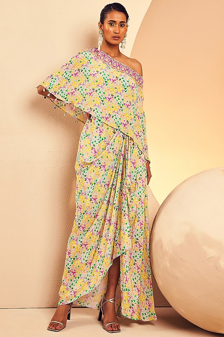 Aqua Blue Crepe Floral Printed & Hand Embroidered One-Shoulder Capelet Cocktail Dress by Aneesh Agarwaal PRET at Pernia's Pop Up Shop