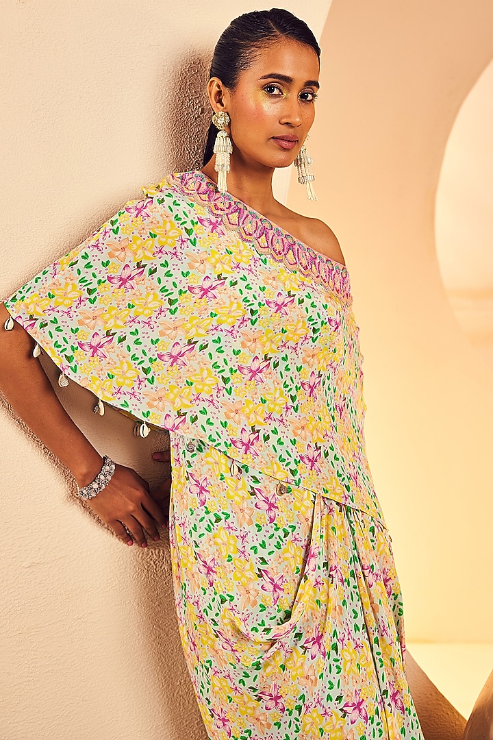 Aqua Blue Crepe Floral Printed & Hand Embroidered One-Shoulder Capelet Cocktail Dress by Aneesh Agarwaal PRET at Pernia's Pop Up Shop