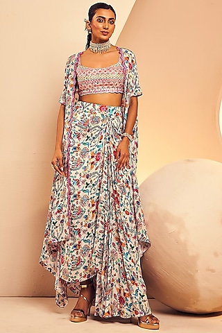 White Crepe Folk Printed Draped Skirt Set by Aneesh Agarwaal PRET