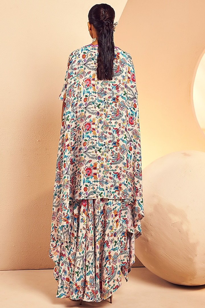 White Crepe Folk Printed Draped Skirt Set by Aneesh Agarwaal PRET at Pernia's Pop Up Shop