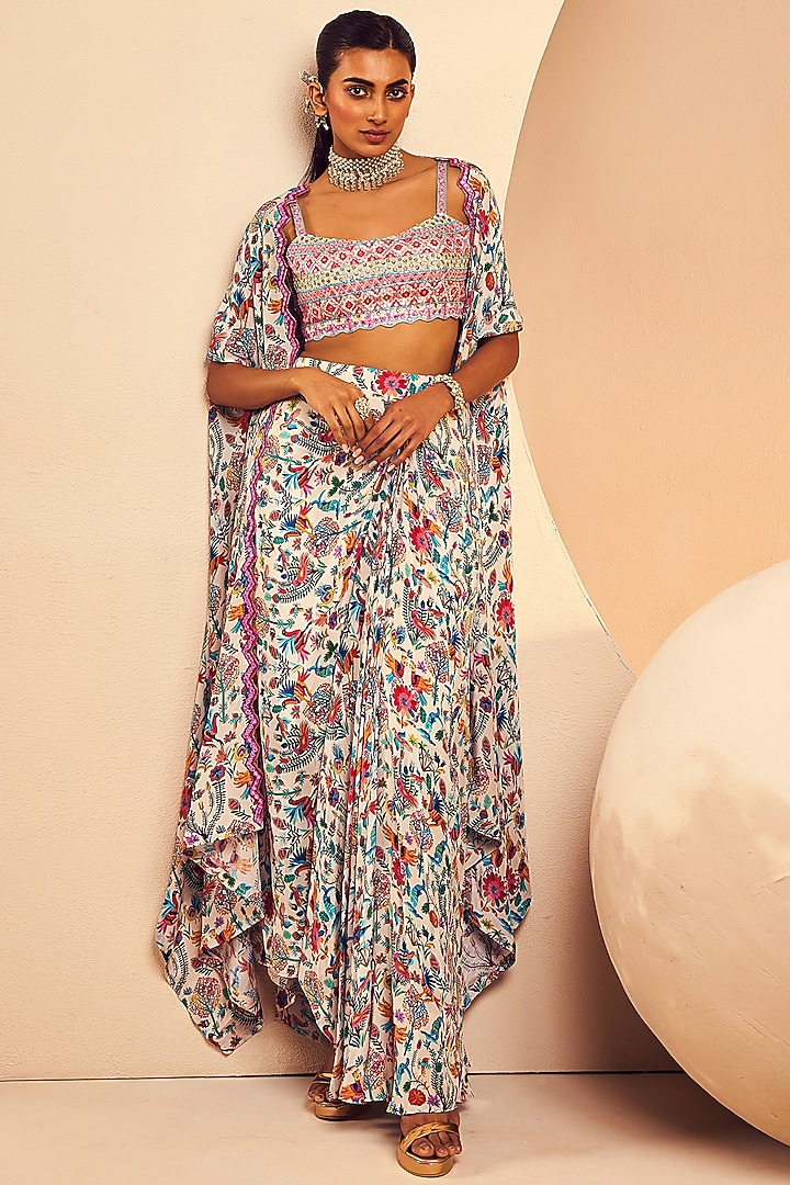 White Crepe Folk Printed Draped Skirt Set by Aneesh Agarwaal PRET at Pernia's Pop Up Shop