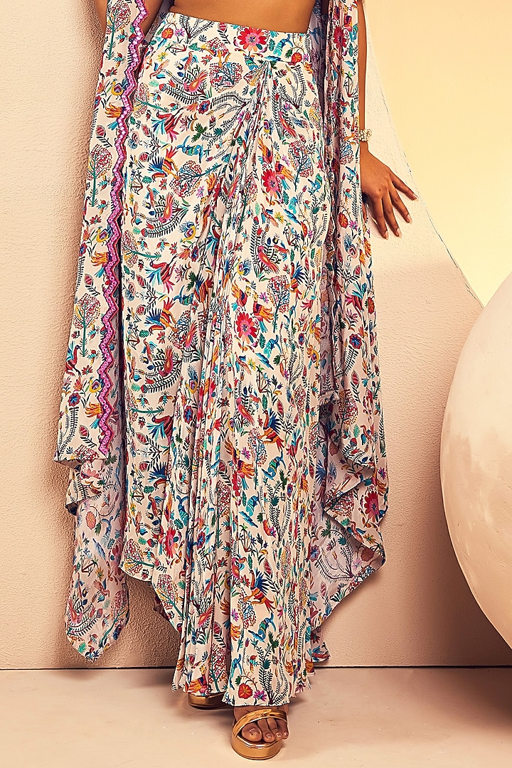 White Crepe Folk Printed Draped Skirt Set by Aneesh Agarwaal PRET at Pernia's Pop Up Shop