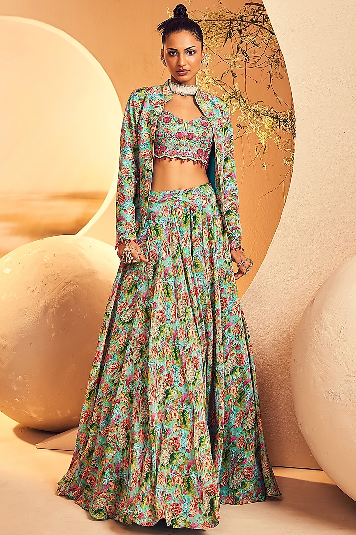 Aqua Crepe Botanical Printed Skirt Set by Aneesh Agarwaal PRET at Pernia's Pop Up Shop