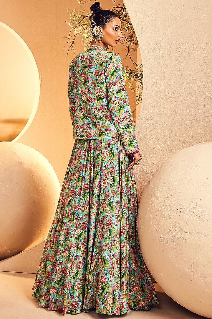 Aqua Crepe Botanical Printed Skirt Set by Aneesh Agarwaal PRET at Pernia's Pop Up Shop