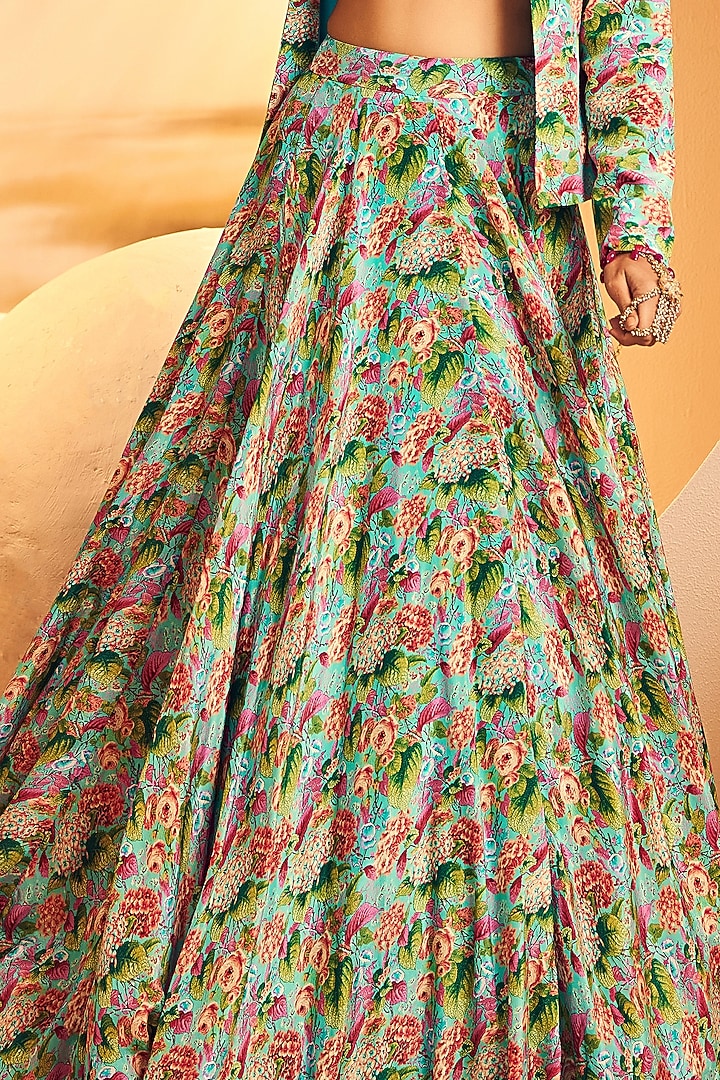 Aqua Crepe Botanical Printed Skirt Set by Aneesh Agarwaal PRET at Pernia's Pop Up Shop