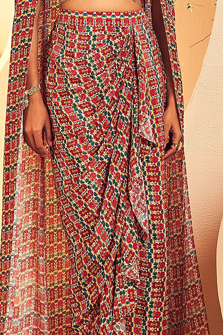 Red & White Crepe Ikkat Printed Ruffled Draped Skirt Set by Aneesh Agarwaal PRET at Pernia's Pop Up Shop