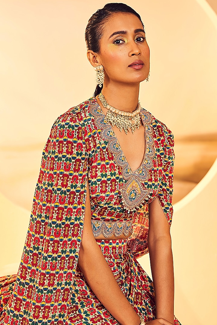Red & White Crepe Ikkat Printed Ruffled Draped Skirt Set by Aneesh Agarwaal PRET at Pernia's Pop Up Shop