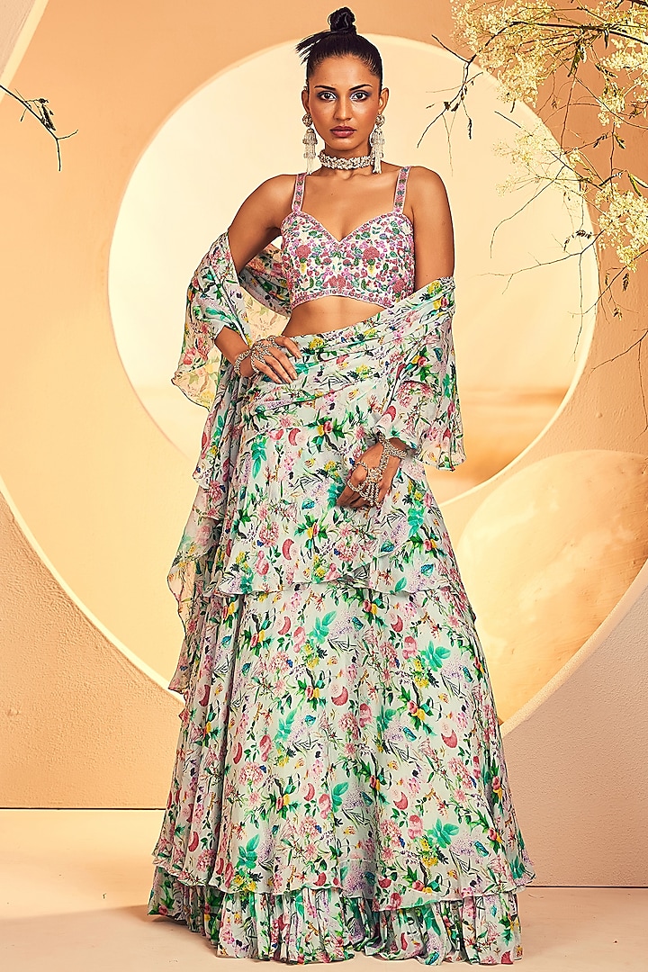 Aqua Chinon Chiffon Printed Pre-Stitched Layered Wedding Saree Set by Aneesh Agarwaal PRET at Pernia's Pop Up Shop