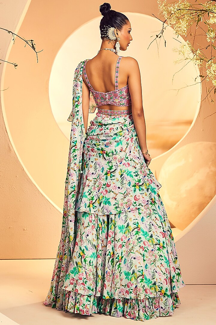 Aqua Chinon Chiffon Printed Pre-Stitched Layered Wedding Saree Set by Aneesh Agarwaal PRET at Pernia's Pop Up Shop