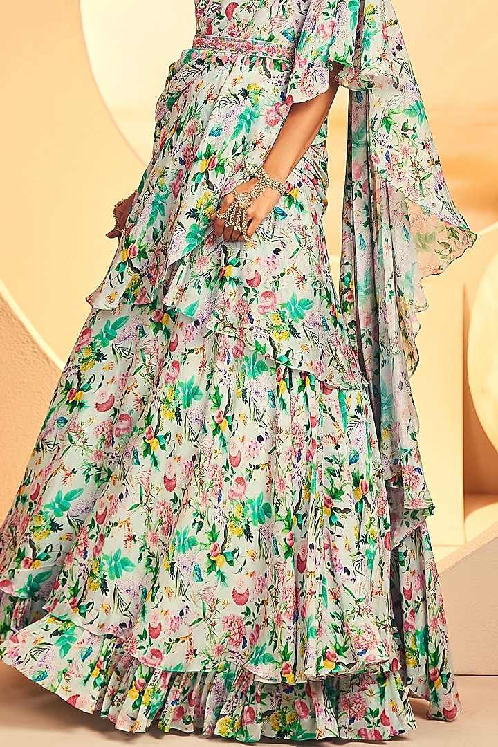 Aqua Chinon Chiffon Printed Pre-Stitched Layered Wedding Saree Set by Aneesh Agarwaal PRET at Pernia's Pop Up Shop