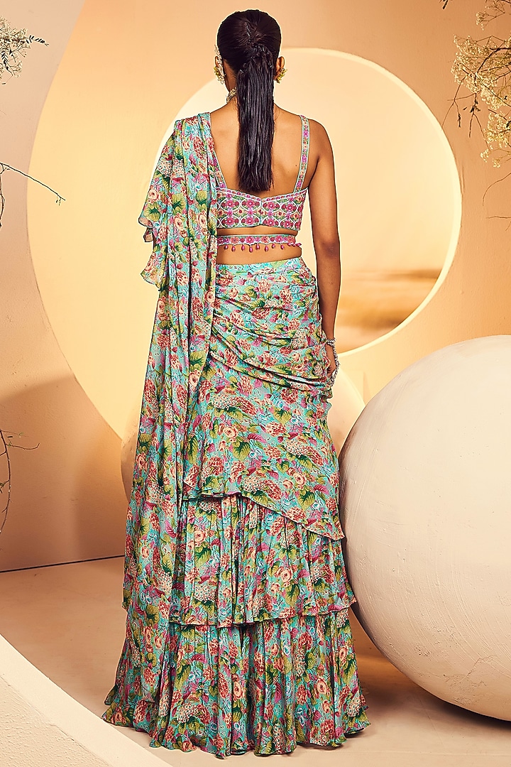 Aqua Blue Chinon Chiffon Floral Printed Pre-Stitched Layered Wedding Saree Set by Aneesh Agarwaal PRET at Pernia's Pop Up Shop