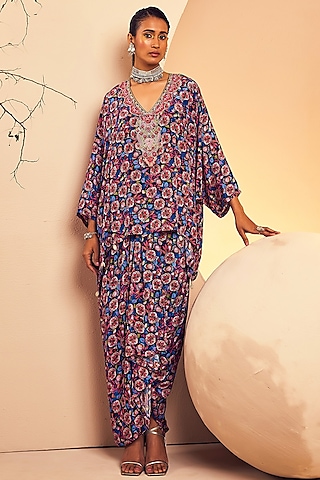 Navy Crepe Folk Printed Dhoti Set by Aneesh Agarwaal PRET