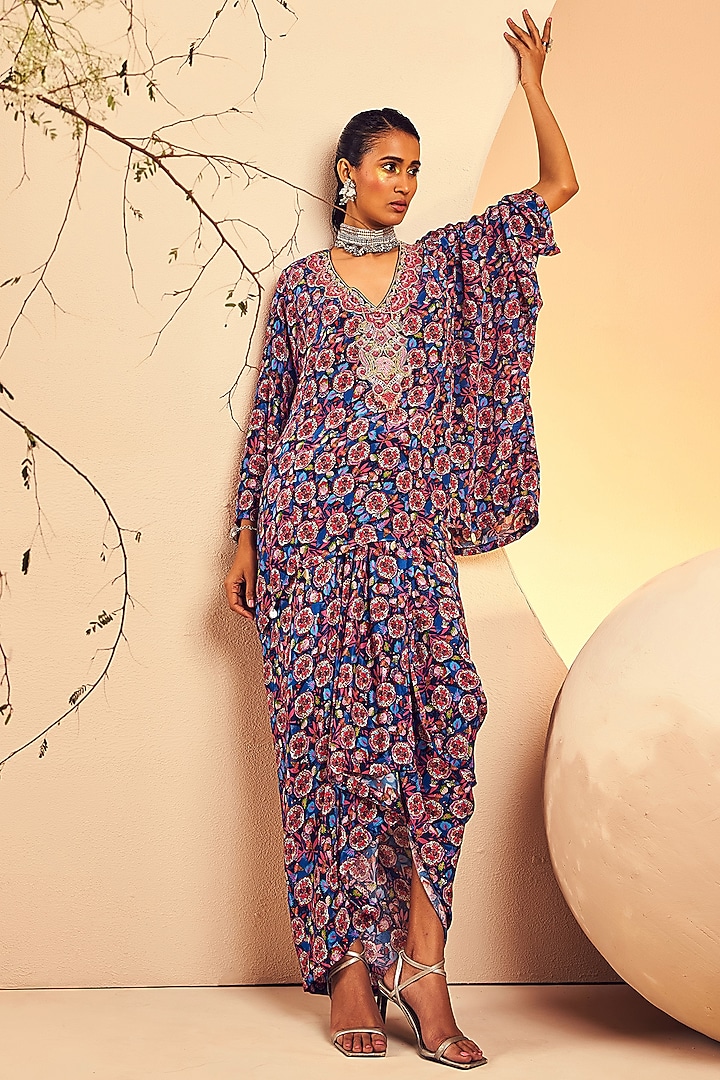 Navy Crepe Folk Printed Dhoti Set by Aneesh Agarwaal PRET at Pernia's Pop Up Shop