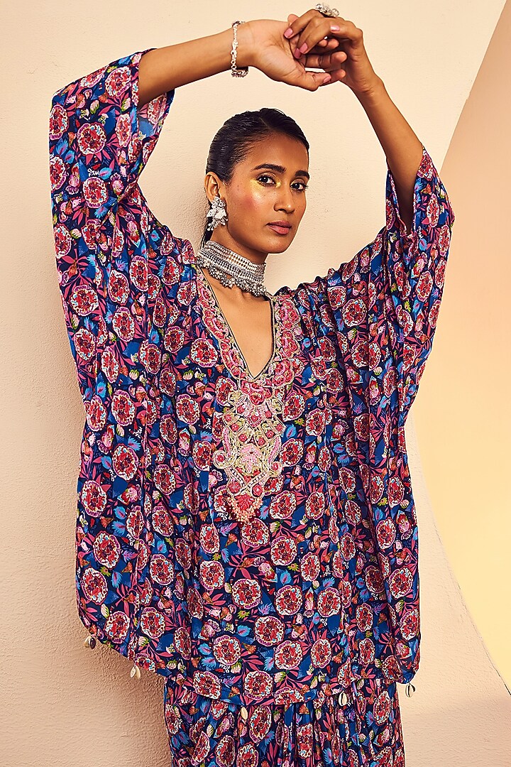 Navy Crepe Folk Printed Dhoti Set by Aneesh Agarwaal PRET at Pernia's Pop Up Shop