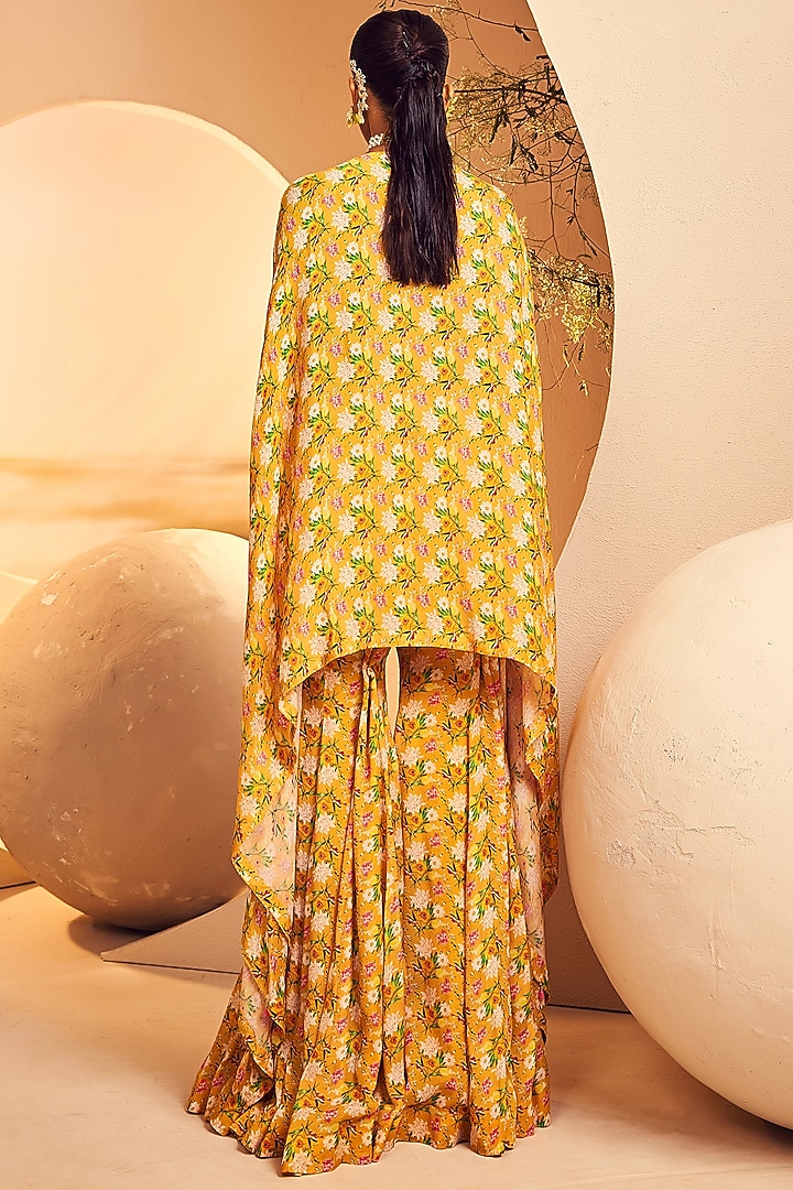 Yellow Chinon Chiffon Floral Wedding Sharara Set by Aneesh Agarwaal PRET at Pernia's Pop Up Shop