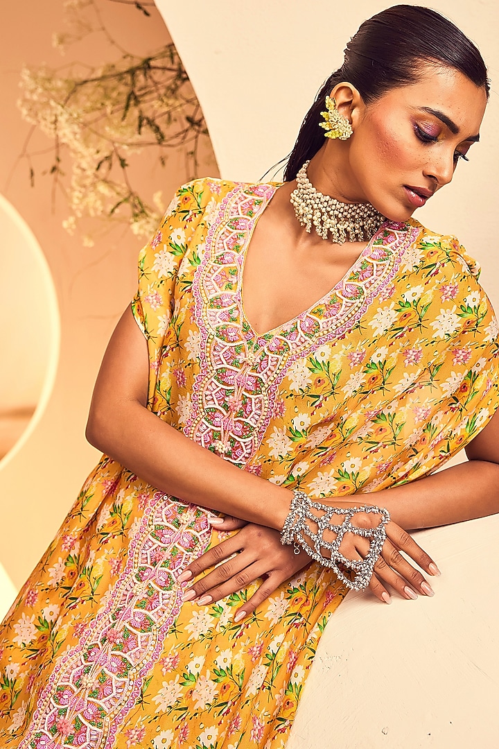 Yellow Chinon Chiffon Floral Wedding Sharara Set by Aneesh Agarwaal PRET at Pernia's Pop Up Shop